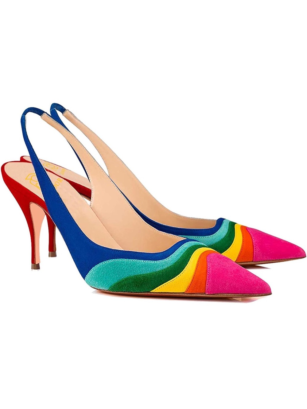NEW Women Rainbow Slingback Pumps Kitten Heels Pointed Toe Suede, Multicolor